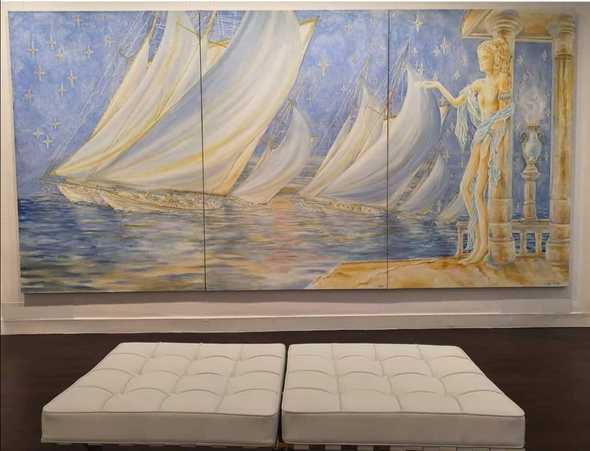 Regata,huilesurtoile,triptyque,195x390cm