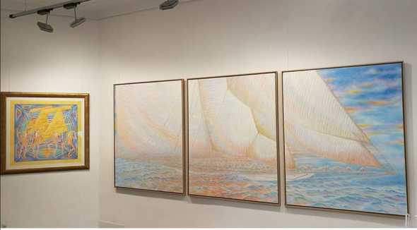 Yatching,huilesurtoile,triptyque,146x342cm